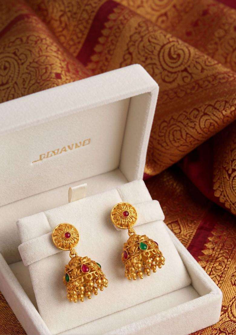 Gold-Plated Geometric Jhumkas Earrings for Women | Traditional Temple Jewellery for Wedding & Festive Wear | Gift for Her - Indya
