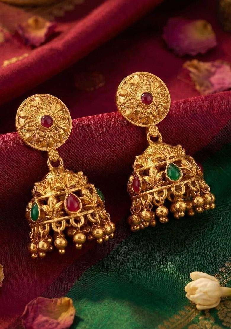 Gold-Plated Floral Jhumkas Earrings for Women | Traditional Temple Jewellery for Wedding & Festive Wear | Gift for Her - Indya