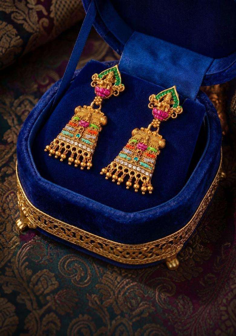 Gold-Plated Geometric Drop Earrings for Women | Traditional Temple Jewellery for Wedding & Festive Wear | Gift for Her - Indya