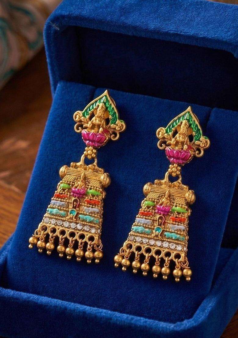 Gold-Plated Geometric Drop Earrings for Women | Traditional Temple Jewellery for Wedding & Festive Wear | Gift for Her - Indya