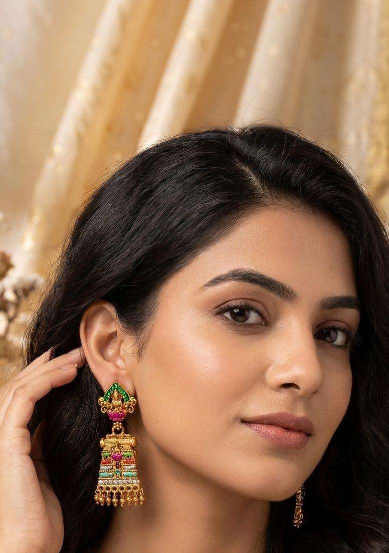 Gold-Plated Geometric Drop Earrings for Women | Traditional Temple Jewellery for Wedding & Festive Wear | Gift for Her - Indya