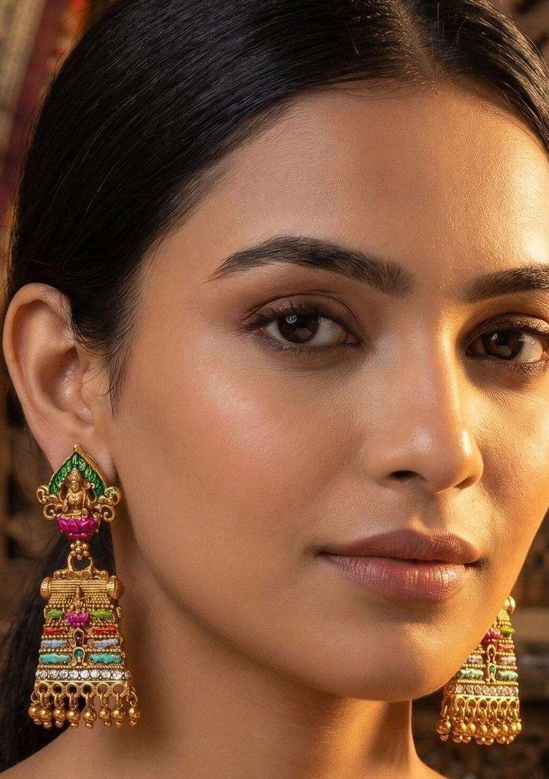 Gold-Plated Geometric Drop Earrings for Women | Traditional Temple Jewellery for Wedding & Festive Wear | Gift for Her - Indya
