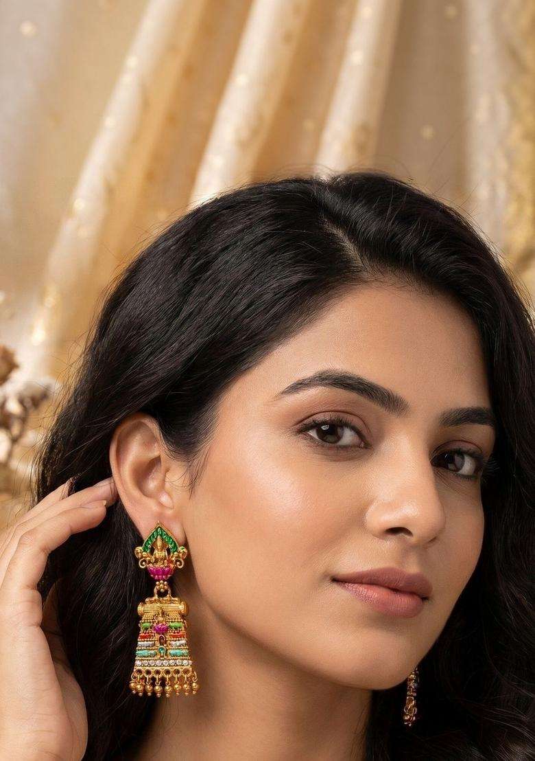 Gold-Plated Geometric Drop Earrings for Women | Traditional Temple Jewellery for Wedding & Festive Wear | Gift for Her - Indya