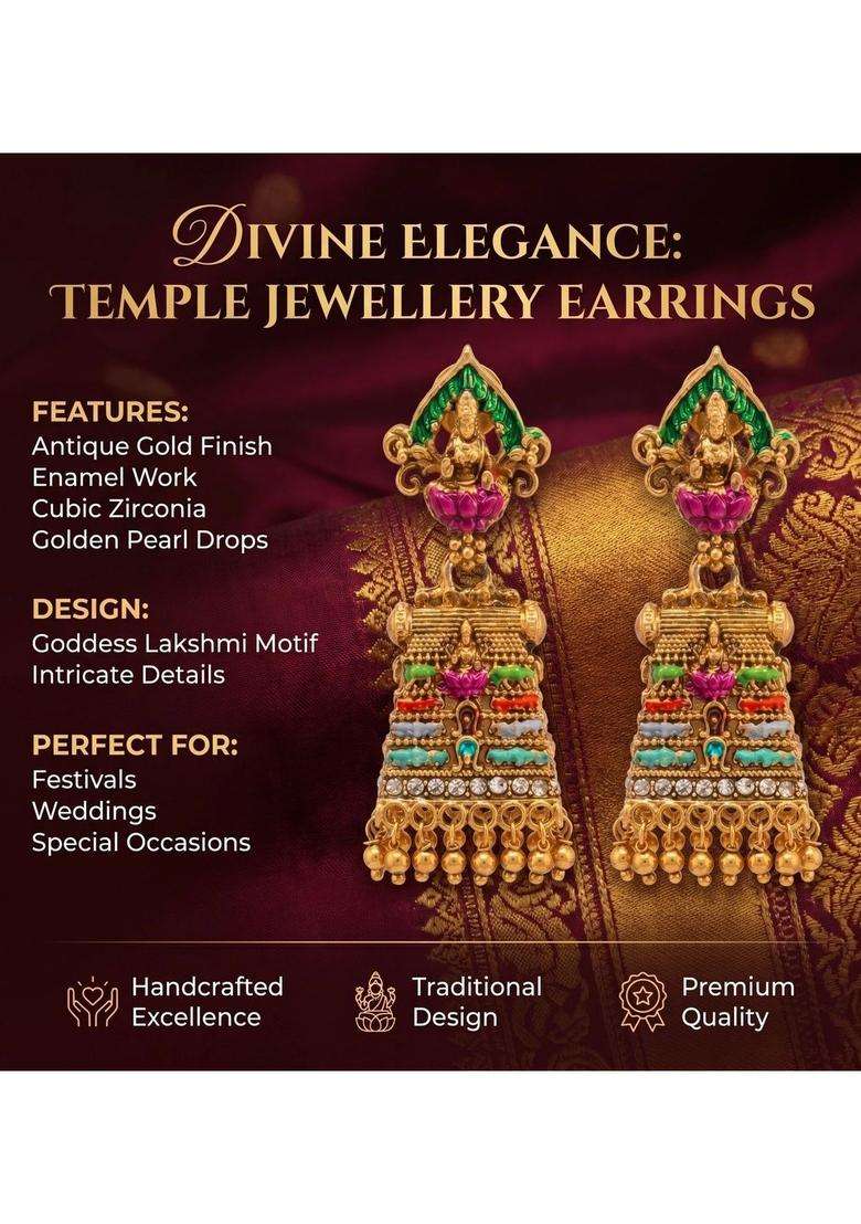 Gold-Plated Geometric Drop Earrings for Women | Traditional Temple Jewellery for Wedding & Festive Wear | Gift for Her - Indya