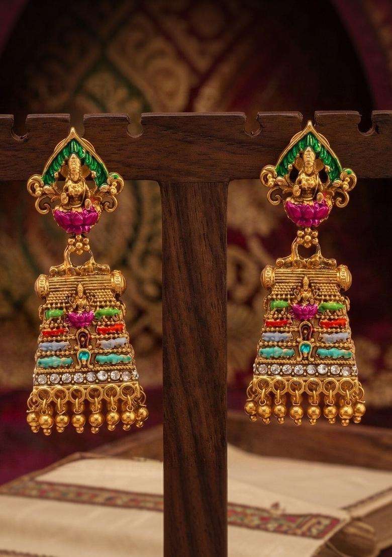 Gold-Plated Floral Drop Earrings for Women | Traditional Temple Jewellery for Wedding & Festive Wear | Gift for Her - Indya