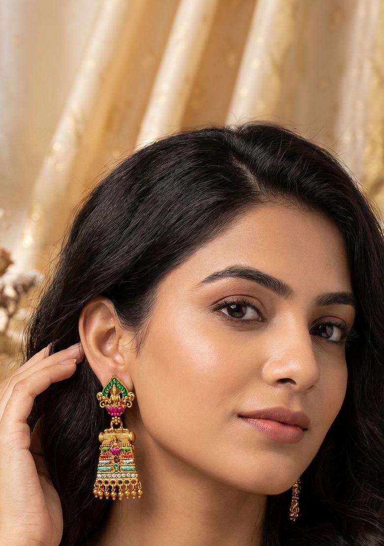 Gold-Plated Floral Drop Earrings for Women | Traditional Temple Jewellery for Wedding & Festive Wear | Gift for Her - Indya