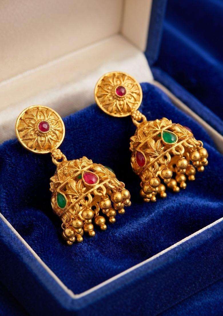 Gold-Plated Geometric Jhumkas Earrings for Women | Traditional Temple Jewellery for Wedding & Festive Wear | Gift for Her - Indya