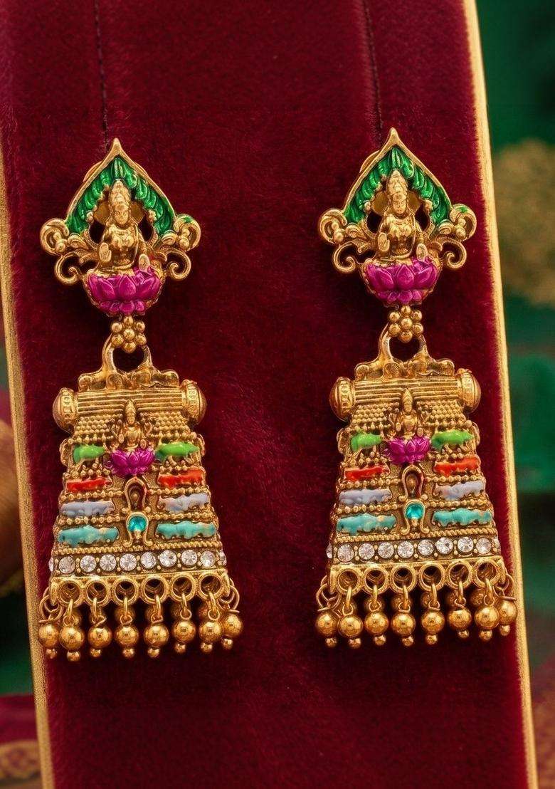 Gold-Plated Geometric Drop Earrings for Women | Traditional Temple Jewellery for Wedding & Festive Wear | Gift for Her - Indya