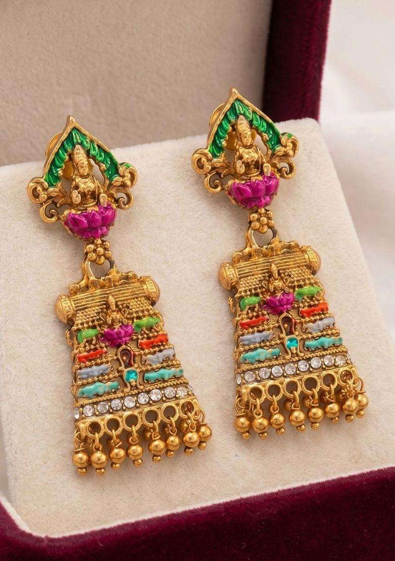 Gold-Plated Geometric Drop Earrings for Women | Traditional Temple Jewellery for Wedding & Festive Wear | Gift for Her - Indya