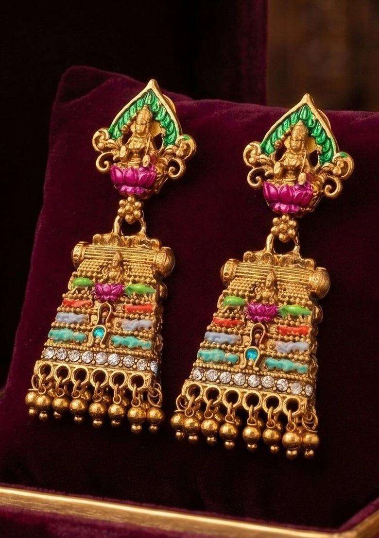 Gold-Plated Geometric Drop Earrings for Women | Traditional Temple Jewellery for Wedding & Festive Wear | Gift for Her - Indya