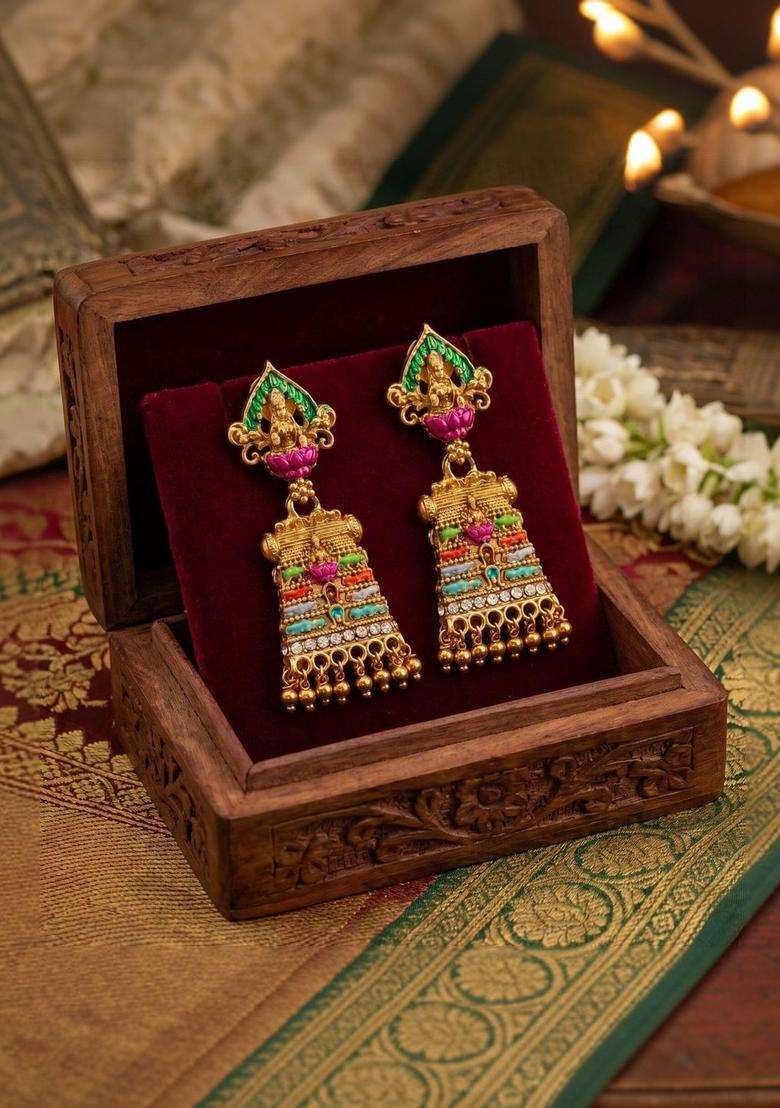 Gold-Plated Geometric Drop Earrings for Women | Traditional Temple Jewellery for Wedding & Festive Wear | Gift for Her - Indya