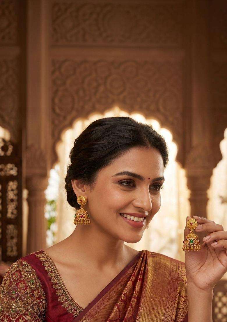 Gold-Plated Dome Shaped Jhumkas Earrings for Women | Traditional Temple Jewellery for Wedding & Festive Wear | Gift for Her - Indya