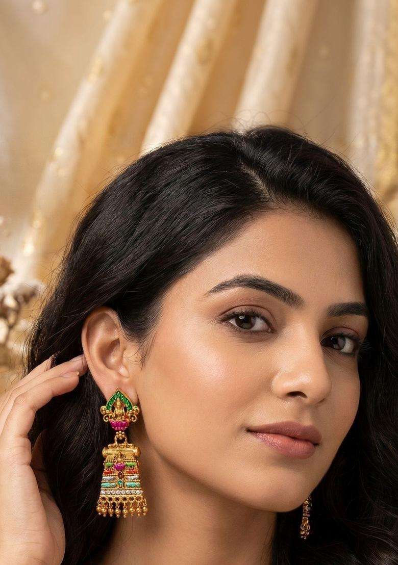 Gold-Plated Geometric Drop Earrings for Women | Traditional Temple Jewellery for Wedding & Festive Wear | Gift for Her - Indya