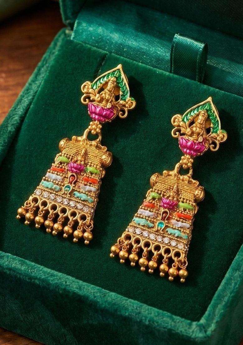 Gold-Plated Geometric Drop Earrings for Women | Traditional Temple Jewellery for Wedding & Festive Wear | Gift for Her - Indya