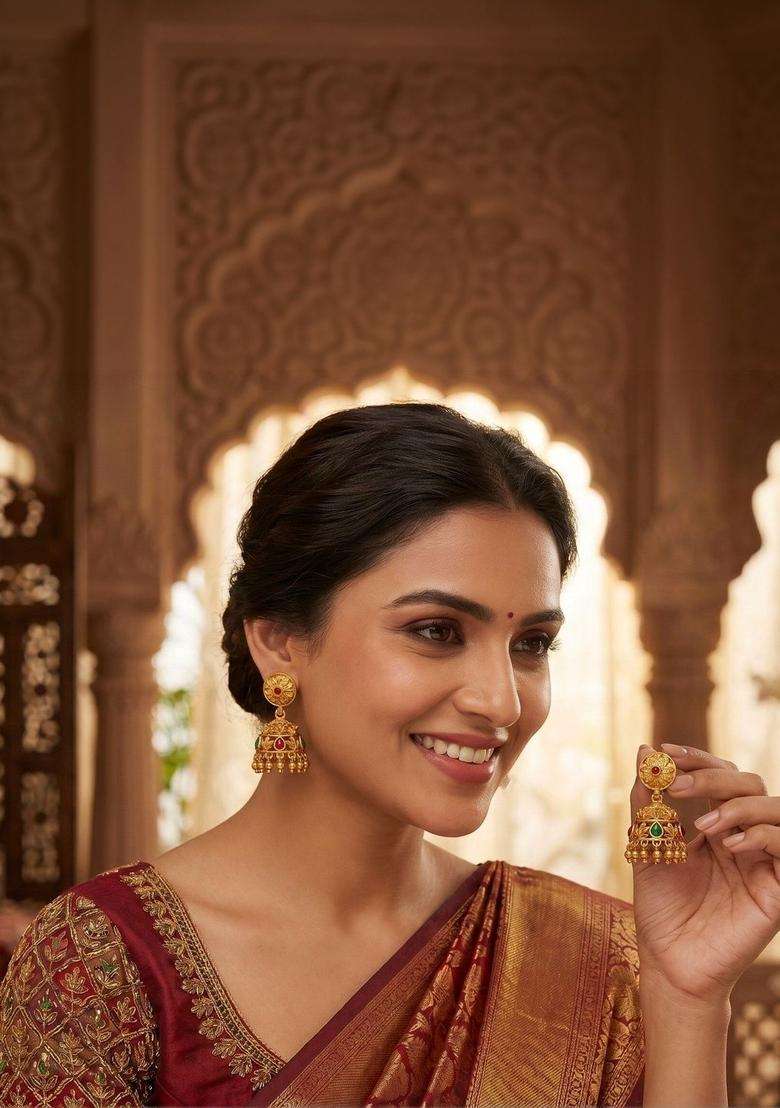 Gold-Plated Circular Jhumkas Earrings for Women | Traditional Temple Jewellery for Wedding & Festive Wear | Gift for Her - Indya