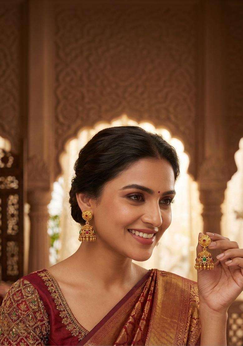 Gold-Plated 1 Pair of Circular Jhumkas Earrings for Women | Traditional Temple Jewellery for Wedding & Festive Wear | Gift for Her - Indya