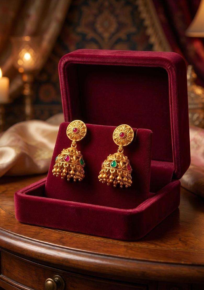 Gold-Plated Geometric Jhumkas Earrings for Women | Traditional Temple Jewellery for Wedding & Festive Wear | Gift for Her - Indya