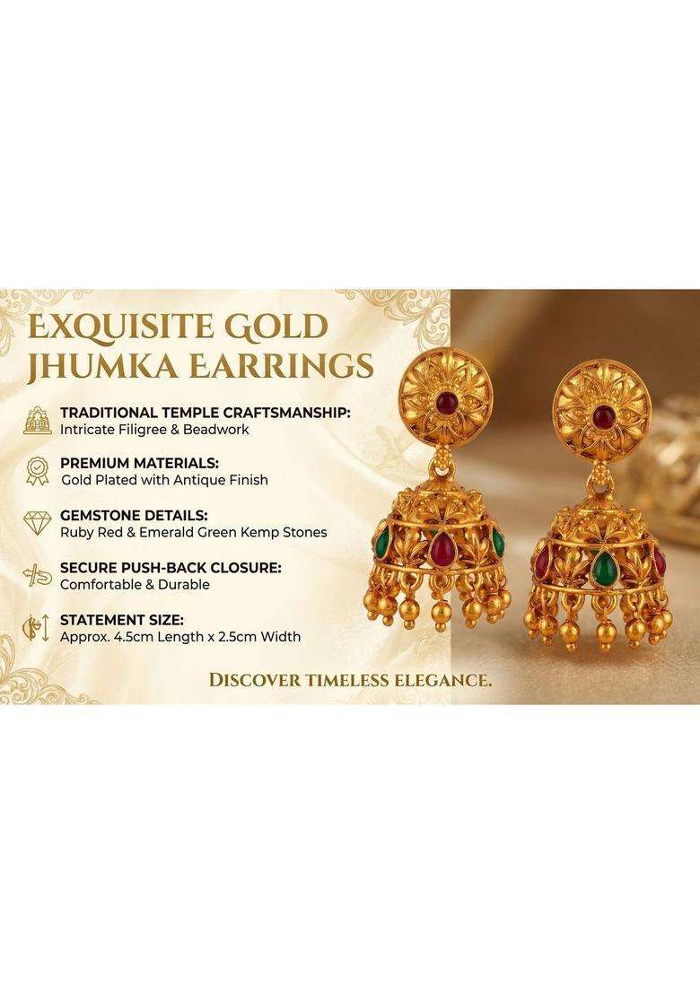 Gold-Plated Geometric Jhumkas Earrings for Women | Traditional Temple Jewellery for Wedding & Festive Wear | Gift for Her - Indya