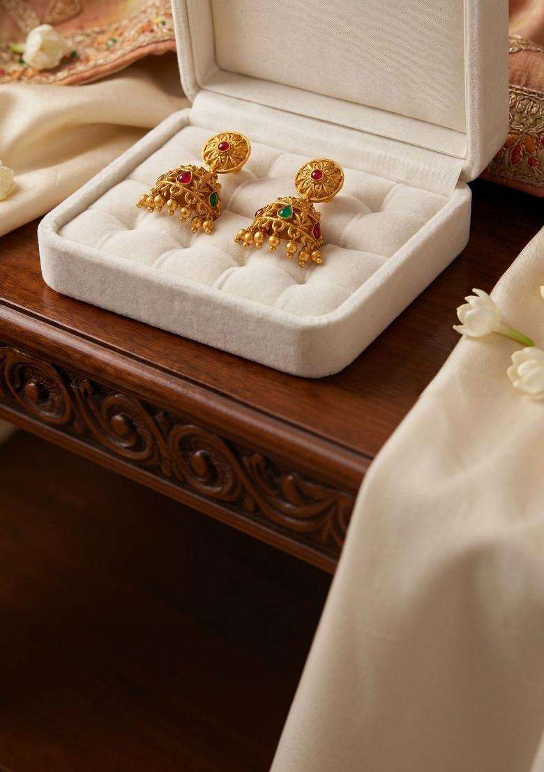 Gold-Plated Dome Shaped Jhumkas Earrings for Women | Traditional Temple Jewellery for Wedding & Festive Wear | Gift for Her - Indya