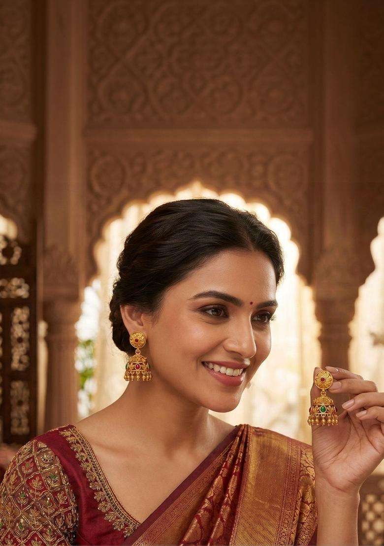 Gold-Plated Dome Shaped Jhumkas Earrings for Women | Traditional Temple Jewellery for Wedding & Festive Wear | Gift for Her - Indya