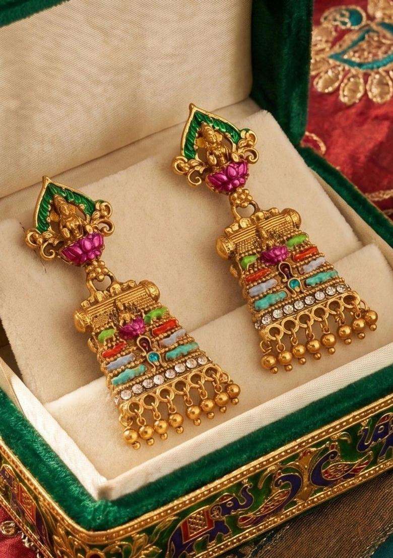 Gold-Plated Geometric Drop Earrings for Women | Traditional Temple Jewellery for Wedding & Festive Wear | Gift for Her - Indya