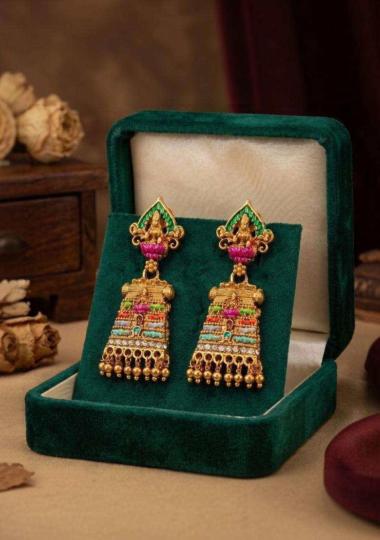 Gold-Plated Geometric Drop Earrings for Women | Traditional Temple Jewellery for Wedding & Festive Wear | Gift for Her - Indya