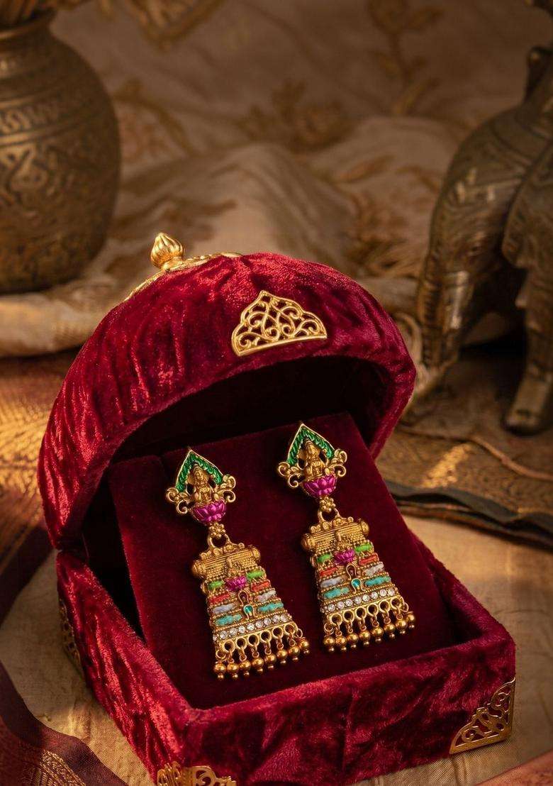 Gold-Plated Geometric Drop Earrings for Women | Traditional Temple Jewellery for Wedding & Festive Wear | Gift for Her - Indya