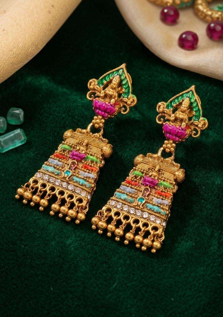 Gold-Plated Geometric Drop Earrings for Women | Traditional Temple Jewellery for Wedding & Festive Wear | Gift for Her - Indya
