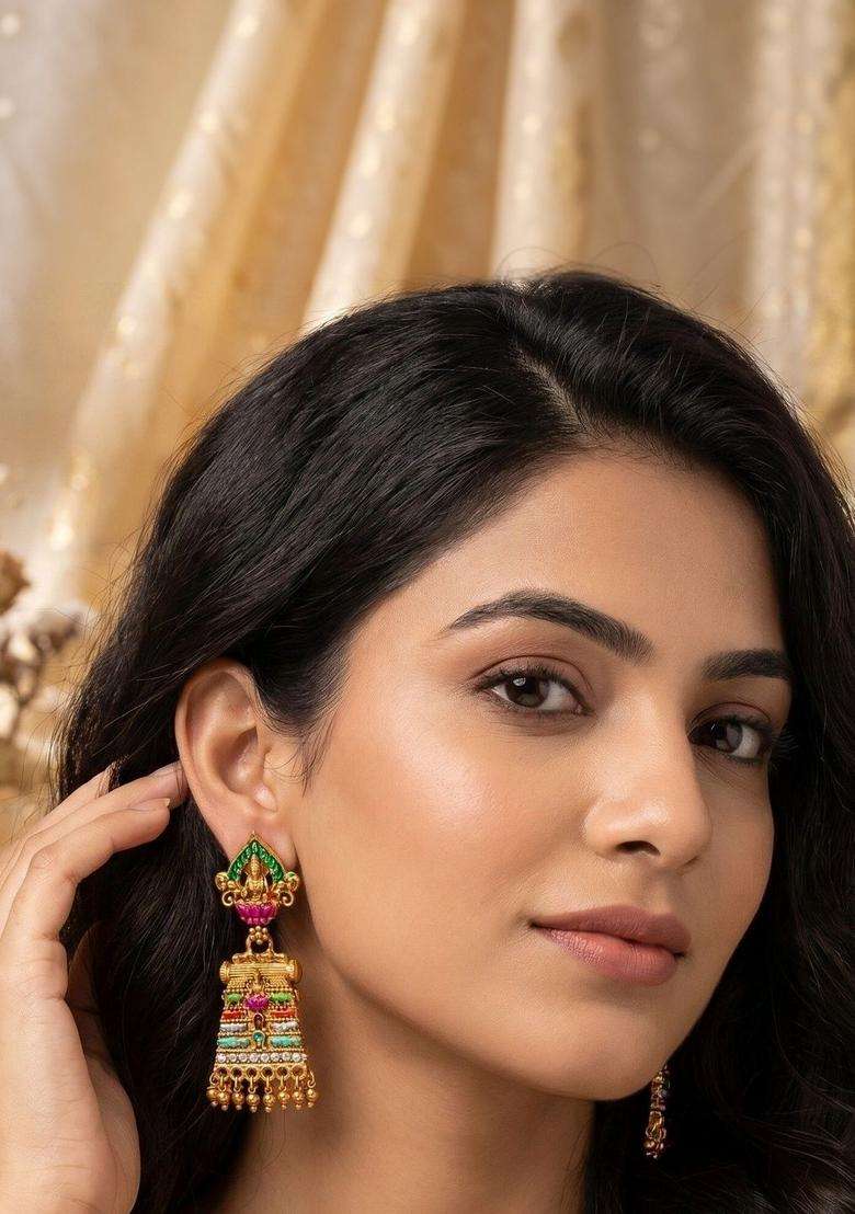 Gold-Plated Geometric Jhumkas Earrings for Women | Traditional Temple Jewellery for Wedding & Festive Wear | Gift for Her - Indya