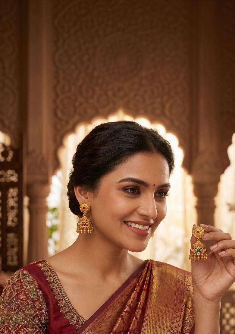 Gold-Plated Circular Jhumkas Earrings for Women | Traditional Temple Jewellery for Wedding & Festive Wear | Gift for Her - Indya