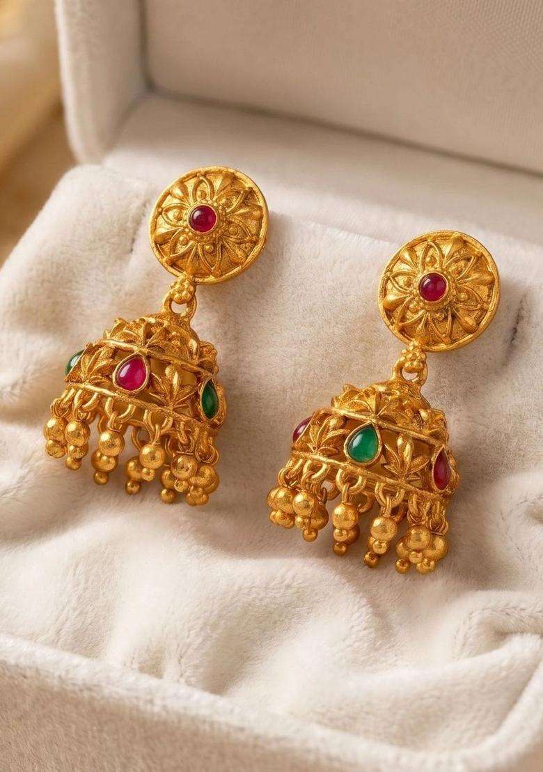 Gold-Plated Geometric Jhumkas Earrings for Women | Traditional Temple Jewellery for Wedding & Festive Wear | Gift for Her - Indya