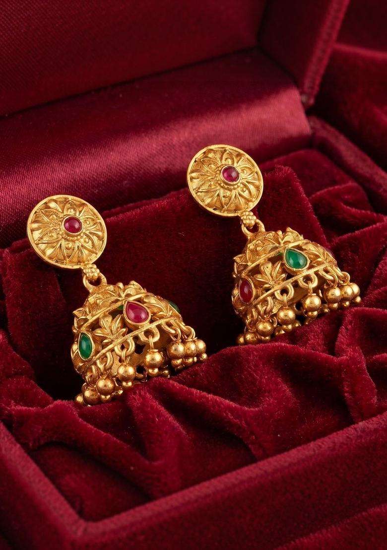 Gold-Plated Geometric Jhumkas Earrings for Women | Traditional Temple Jewellery for Wedding & Festive Wear | Gift for Her - Indya