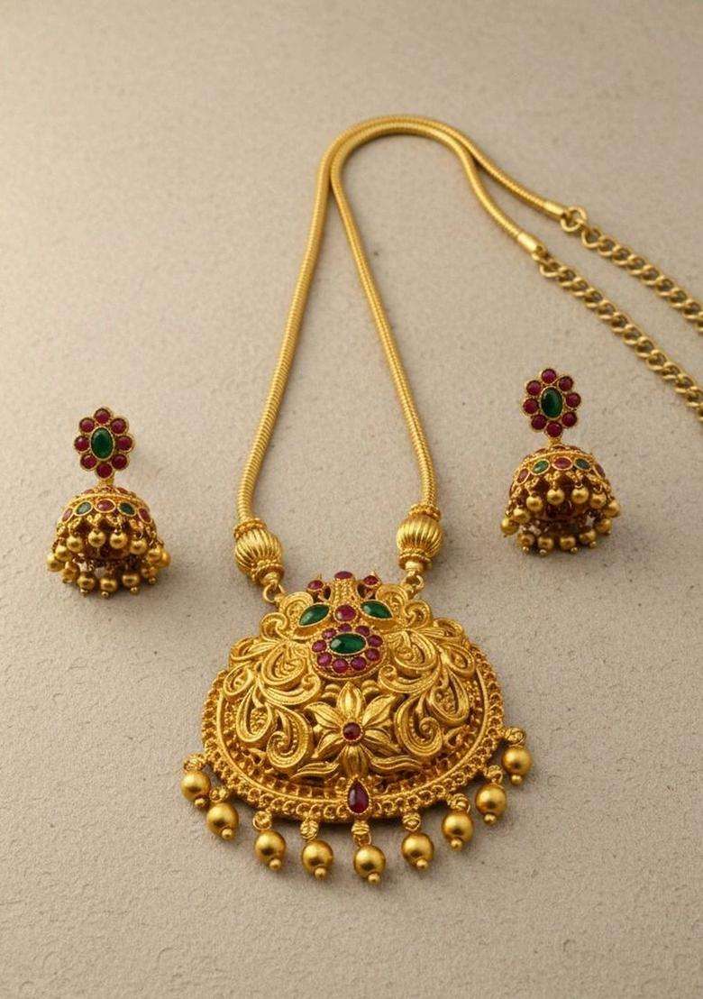 Gold-Plated Temple Beaded Pendant and Earrings for Women | Traditional Temple Jewellery for Wedding & Festive Wear | Gift for Her - Indya