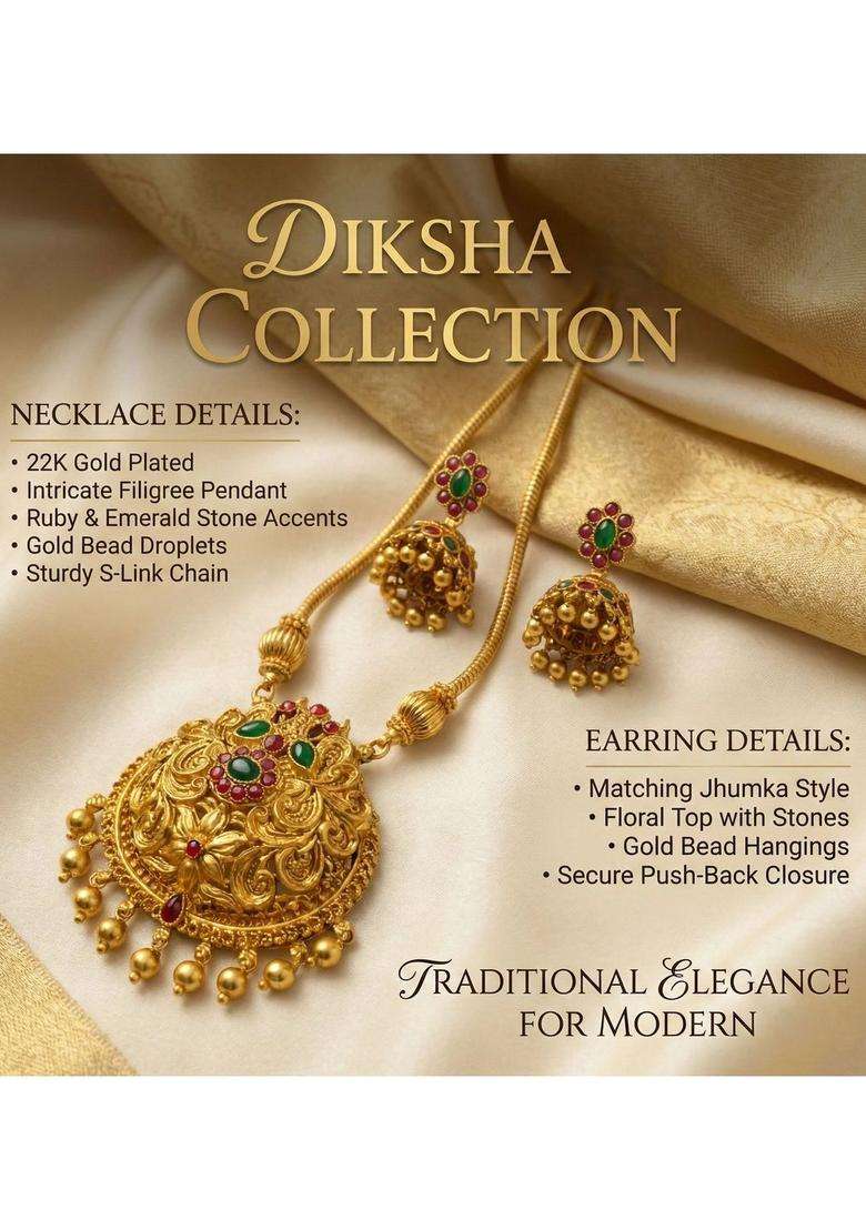 Gold-Plated Temple Beaded Pendant and Earrings for Women | Traditional Temple Jewellery for Wedding & Festive Wear | Gift for Her - Indya
