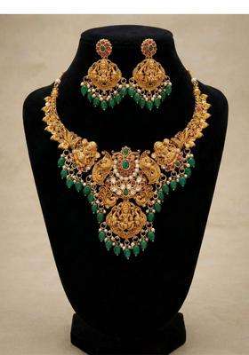 Gold-Plated Temple Beaded Necklace and Earrings Jewellery Set for Women | Traditional Temple Jewellery for Wedding & Festive Wear | Gift for Her