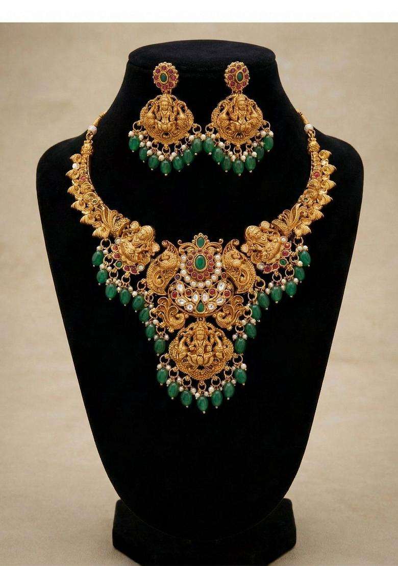 Gold-Plated Temple Beaded Necklace and Earrings Jewellery Set for Women | Traditional Temple Jewellery for Wedding & Festive Wear | Gift for Her - Indya