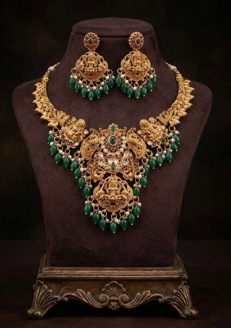 Gold-Plated Temple Beaded Necklace and Earrings Jewellery Set for Women | Traditional Temple Jewellery for Wedding & Festive Wear | Gift for Her - Indya
