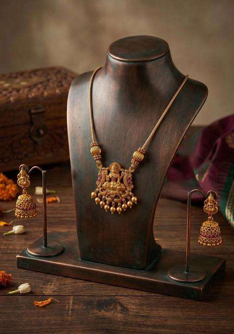 Gold-Plated Temple Beaded Pendant and Earrings for Women | Traditional Temple Jewellery for Wedding & Festive Wear | Gift for Her