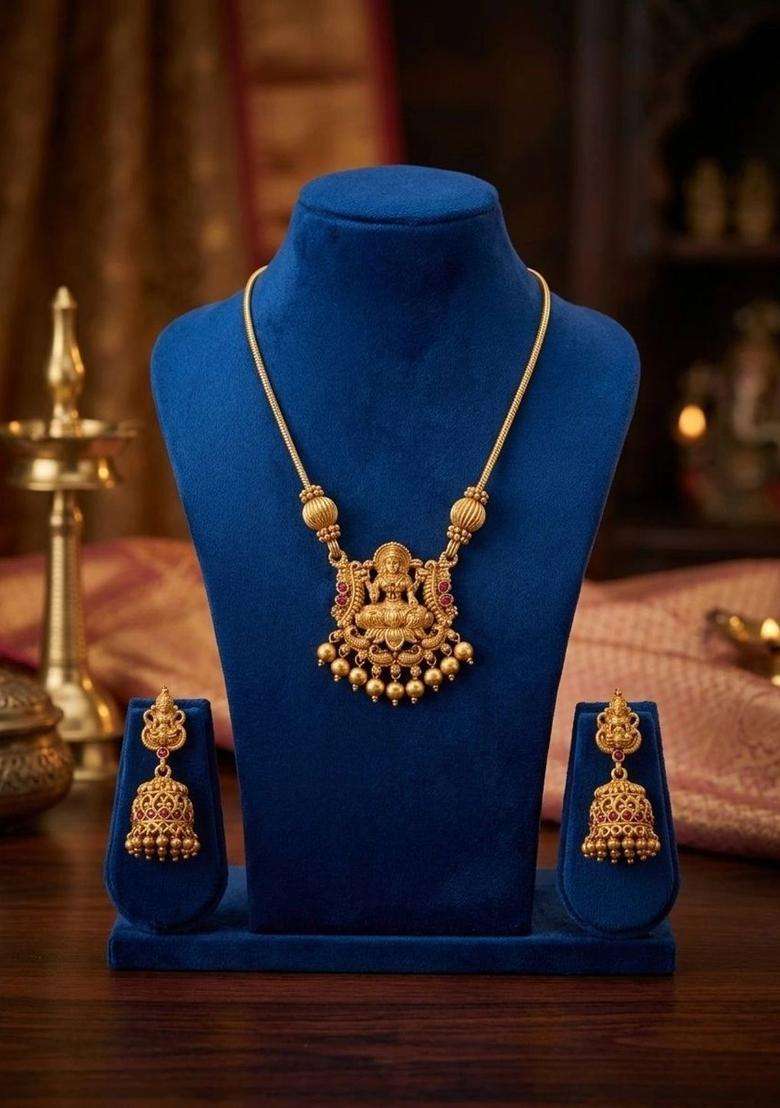 Gold-Plated Temple Beaded Necklace and Earrings Jewellery Set for Women | Traditional Temple Jewellery for Wedding & Festive Wear | Gift for Her - Indya