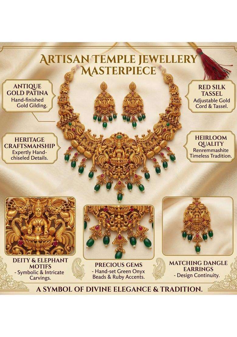 Gold-Plated Temple Beaded Necklace and Earrings for Women | Traditional Temple Jewellery for Wedding & Festive Wear | Gift for Her - Indya