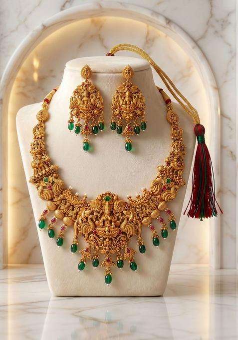 Gold-Plated Temple Beaded Necklace and Earrings for Women | Traditional Temple Jewellery for Wedding & Festive Wear | Gift for Her