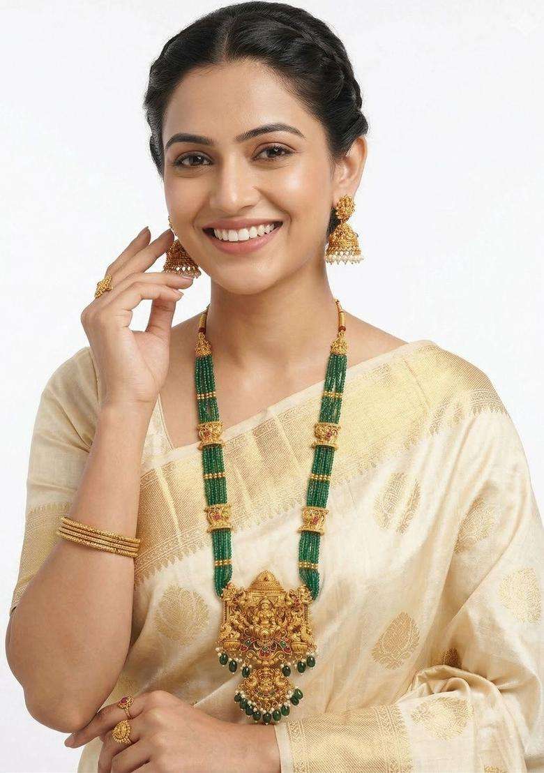 Gold-Plated Temple Beaded Necklace and Earrings for Women | Traditional Temple Jewellery for Wedding & Festive Wear | Gift for Her - Indya