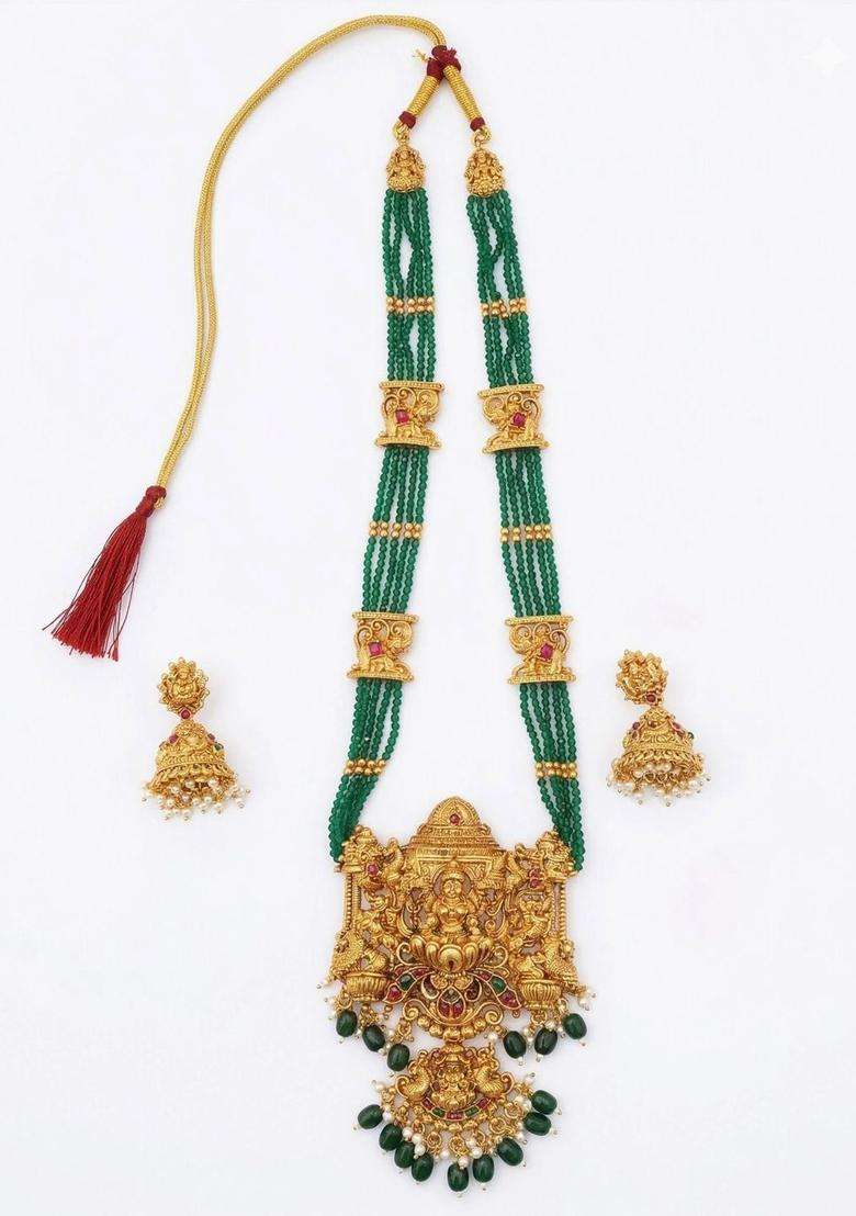 Gold-Plated Temple Beaded Necklace and Earrings for Women | Traditional Temple Jewellery for Wedding & Festive Wear | Gift for Her - Indya