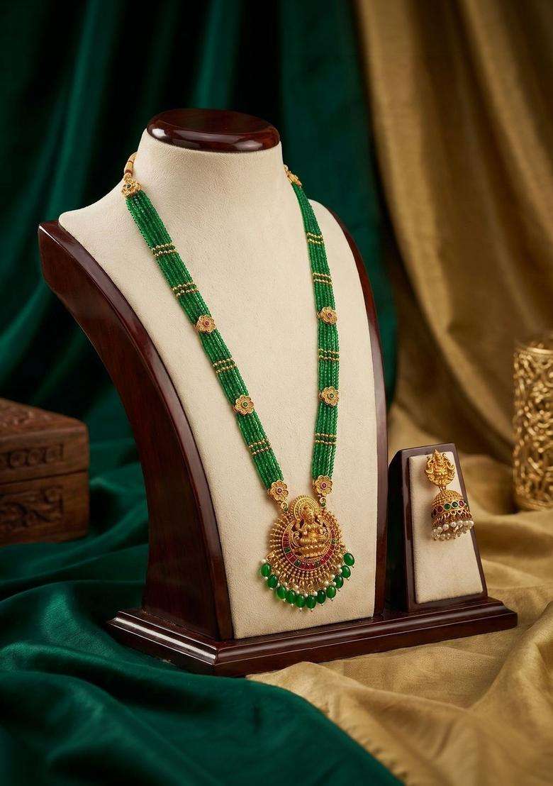 Gold-Plated Temple Beaded Necklace and Earrings for Women | Traditional Temple Jewellery for Wedding & Festive Wear | Gift for Her - Indya