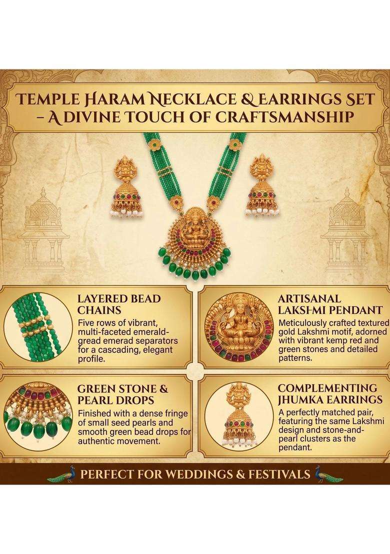 Gold-Plated Temple Beaded Necklace and Earrings for Women | Traditional Temple Jewellery for Wedding & Festive Wear | Gift for Her - Indya