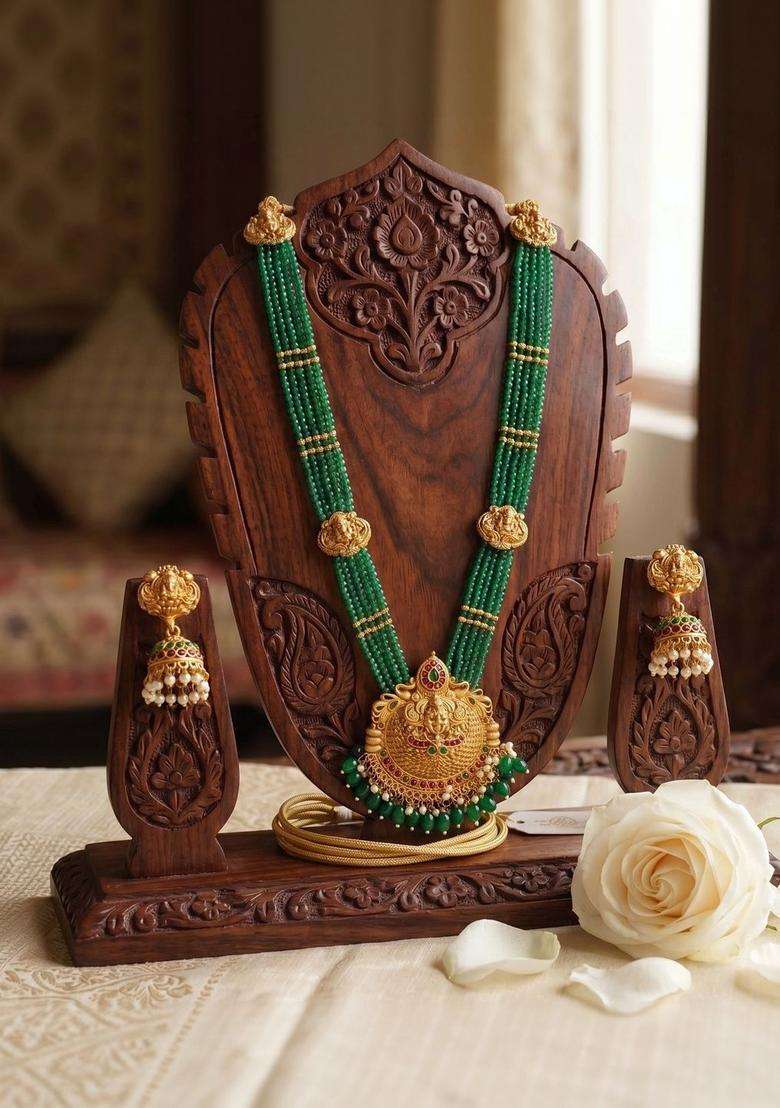 Gold-Plated Temple Beaded Necklace and Earrings for Women | Traditional Temple Jewellery for Wedding & Festive Wear | Gift for Her - Indya