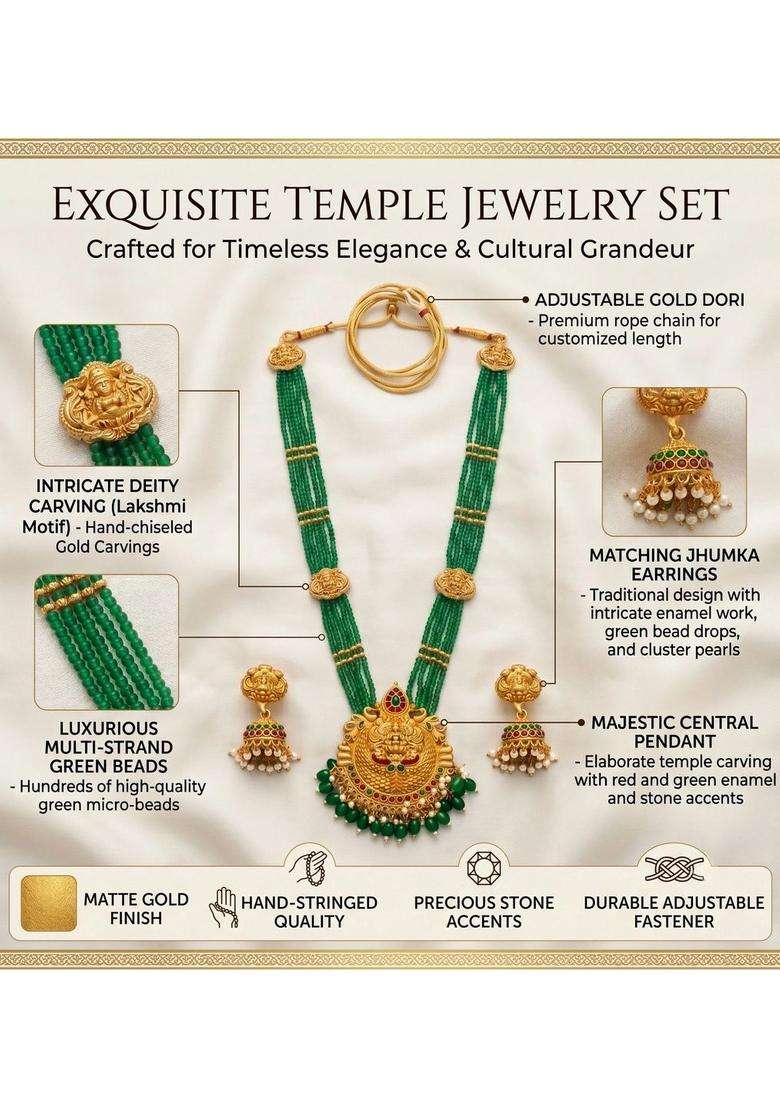 Gold-Plated Temple Beaded Necklace and Earrings for Women | Traditional Temple Jewellery for Wedding & Festive Wear | Gift for Her - Indya