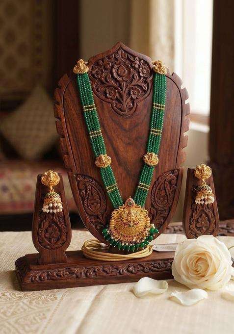 Gold-Plated Temple Beaded Necklace and Earrings for Women | Traditional Temple Jewellery for Wedding & Festive Wear | Gift for Her