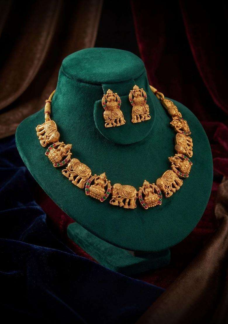 Gold-Plated Temple Beaded Necklace and Earrings for Women | Traditional Temple Jewellery for Wedding & Festive Wear | Gift for Her - Indya