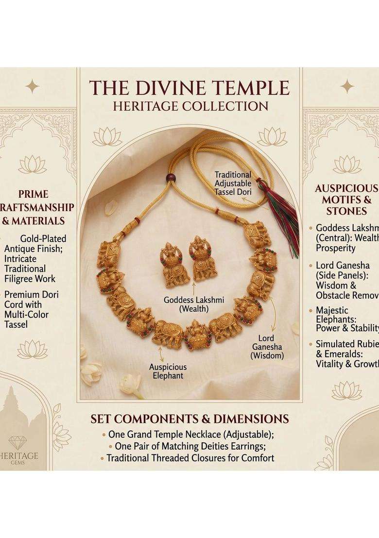 Gold-Plated Temple Beaded Necklace and Earrings for Women | Traditional Temple Jewellery for Wedding & Festive Wear | Gift for Her - Indya